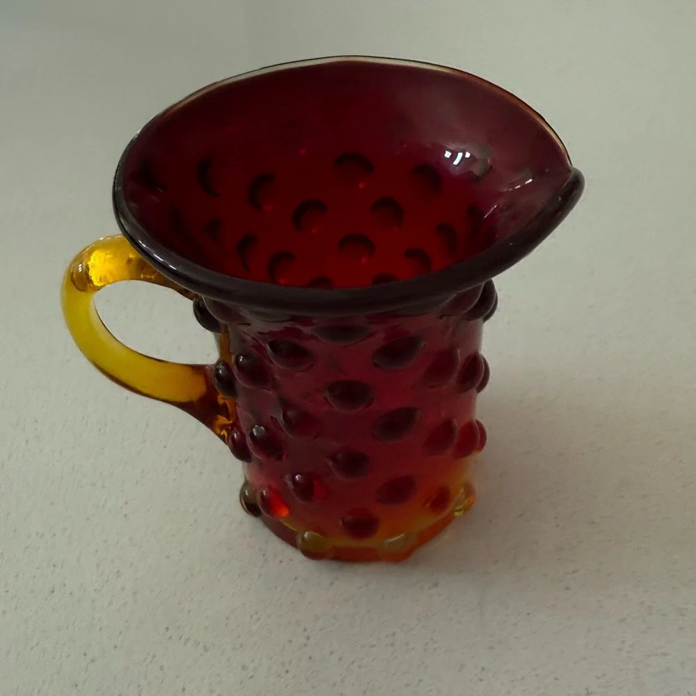 Glows! MCM Vintage Kanawha Amberina‎ Hobnail Small Pitcher Applied Handle 3.5